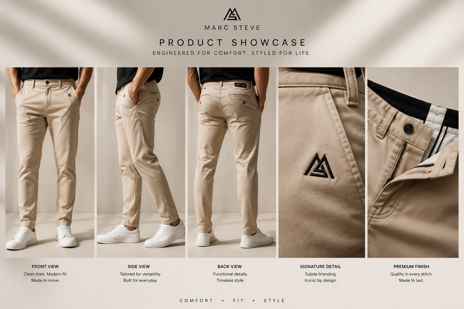 Marc Steve product showcase — front, side, back, signature detail and premium finish views