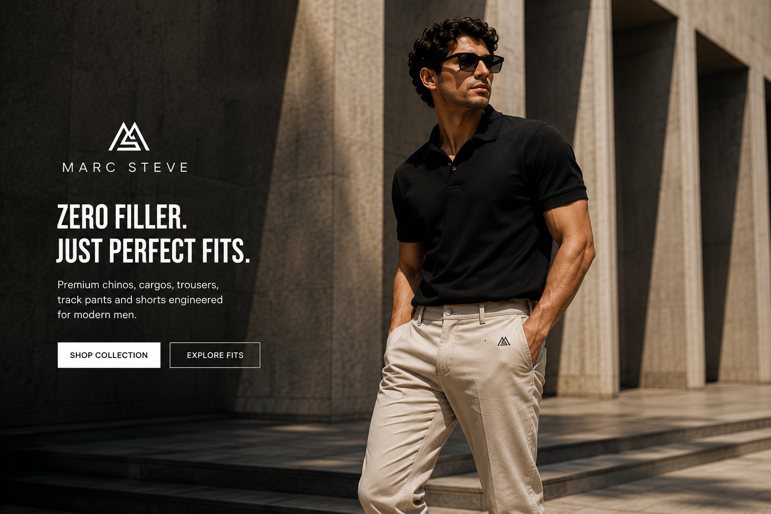 Marc Steve — Zero Filler. Just Perfect Fits. Premium chinos, cargos, trousers, track pants and shorts engineered for modern men.
