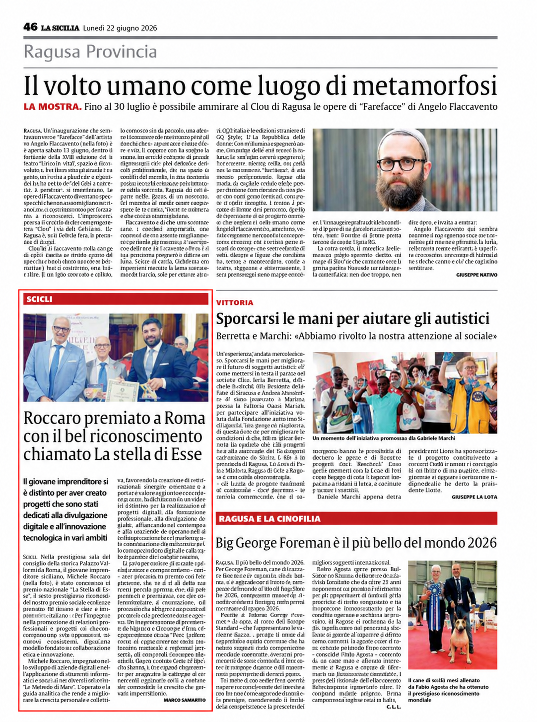 Articolo La Sicilia — Roccaro premiato a Roma con La Stella di E.S.S.E.