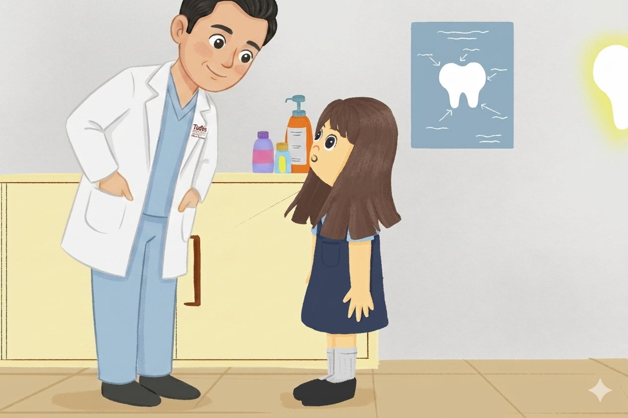 Storybook scene with the personalized dentist character welcoming Maya