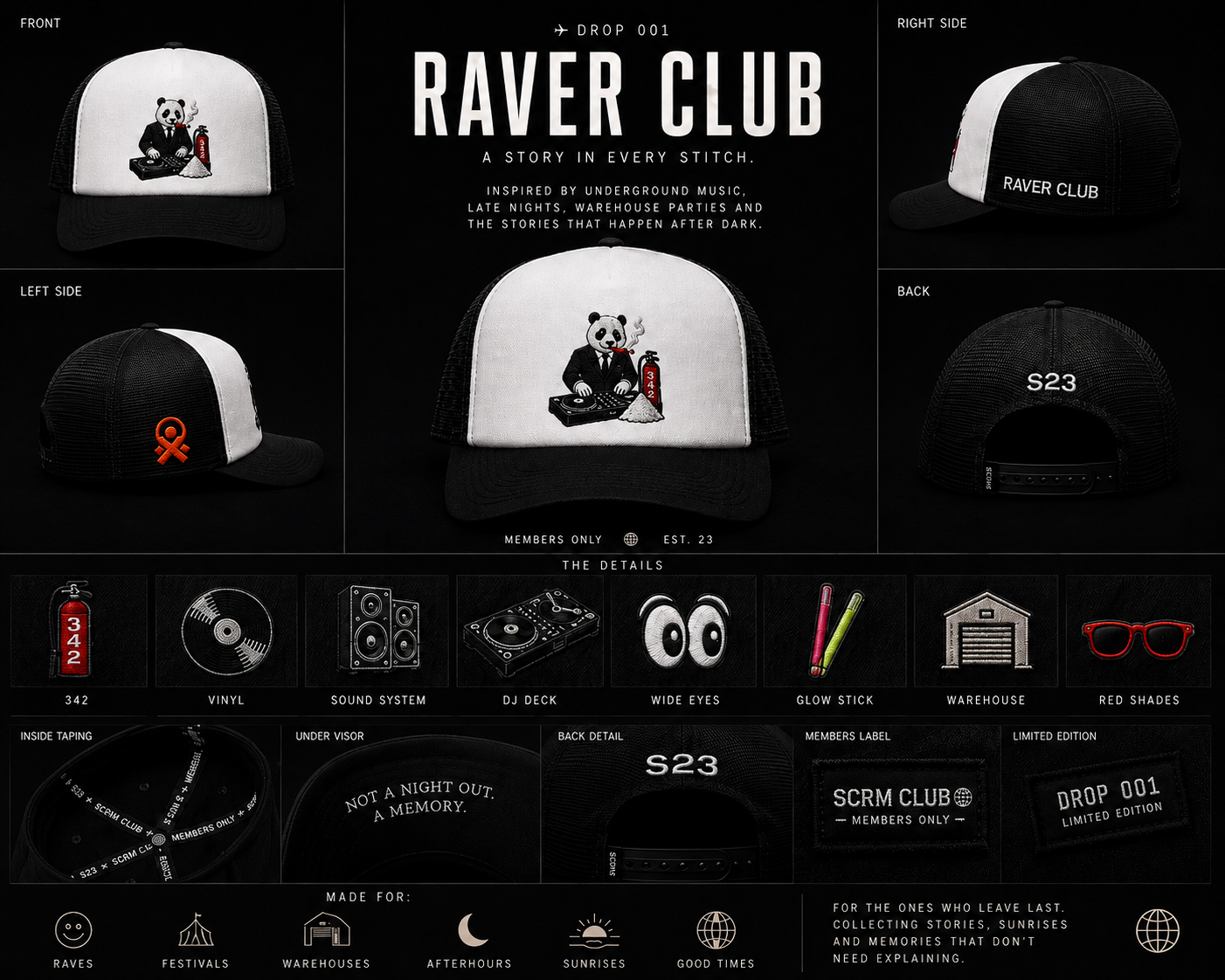 Drop 005 — Raver Club lookbook: front, left, right, back angles, embroidered details (342, vinyl, sound system, DJ deck, wide eyes, glow stick, warehouse, red shades), inside taping, under visor and limited-edition tag