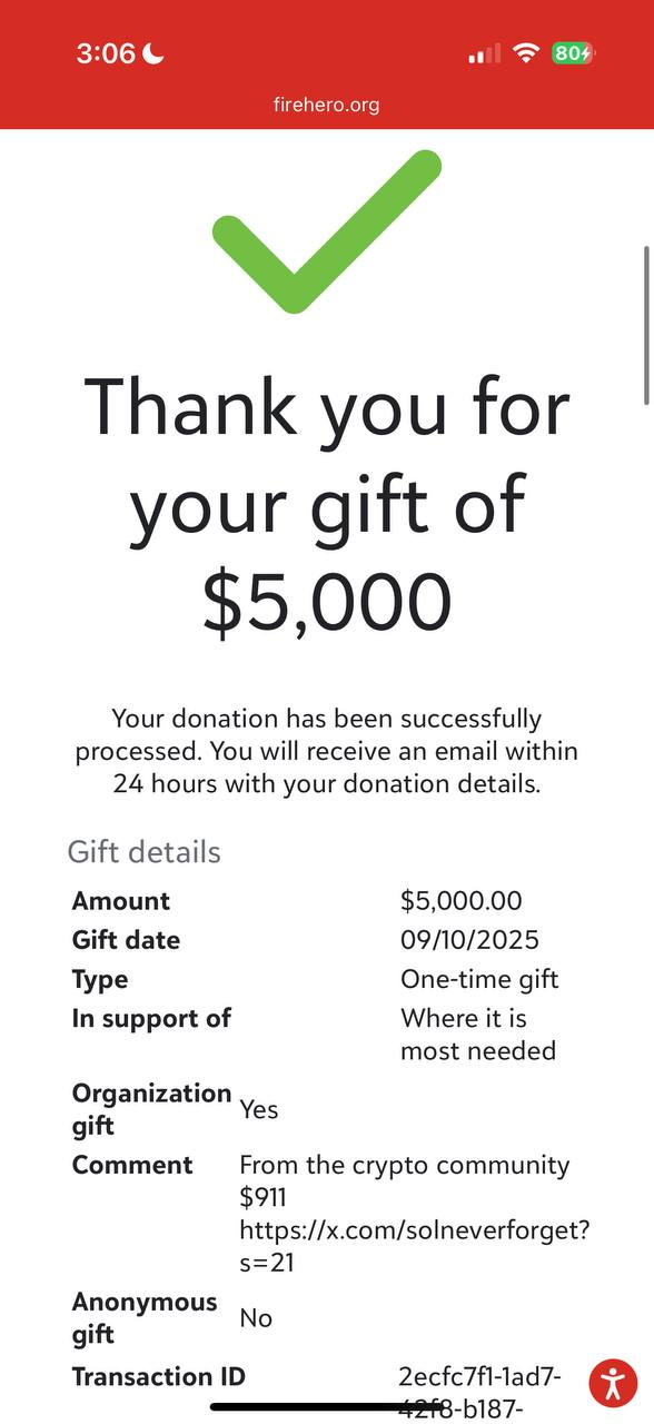 FireHero $5000 donation receipt