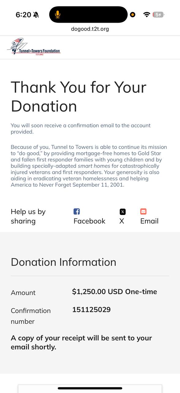 Tunnel to Towers $1250 donation receipt