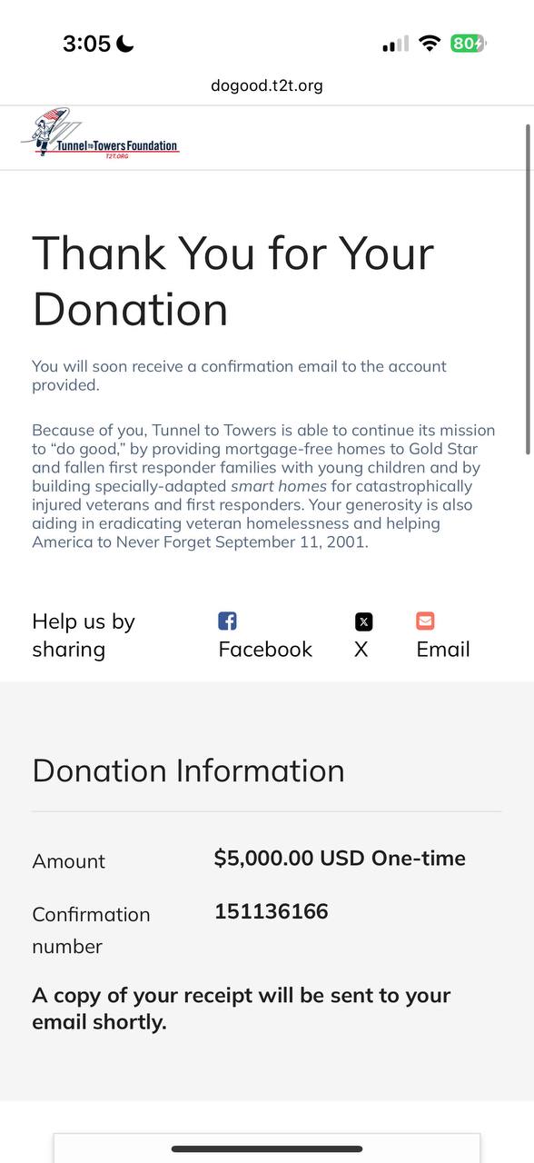 Tunnel to Towers $5000 donation receipt