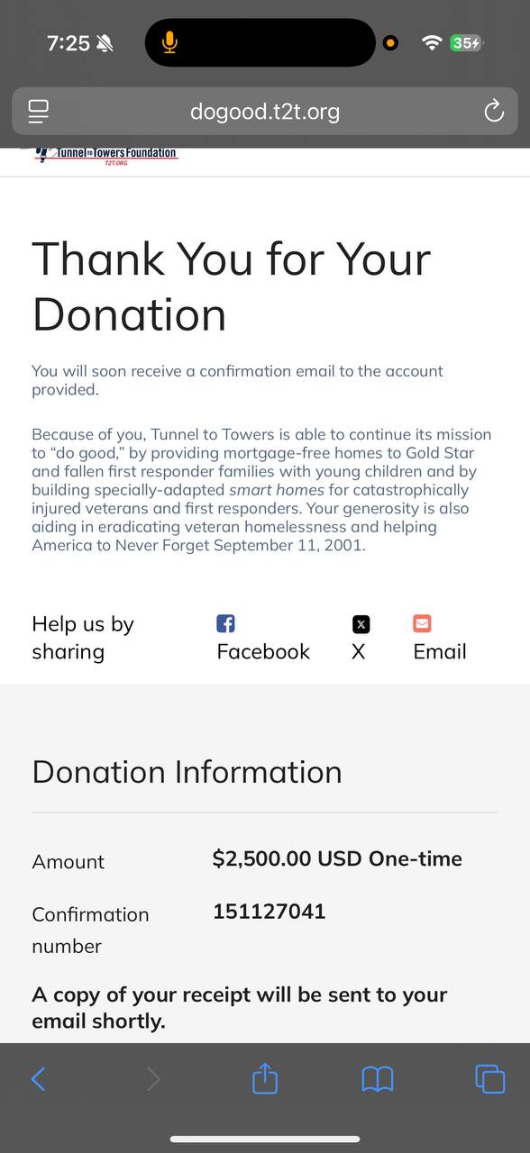 Tunnel to Towers $2500 donation receipt