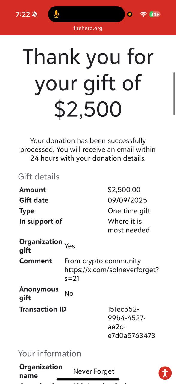 FireHero $2500 donation receipt