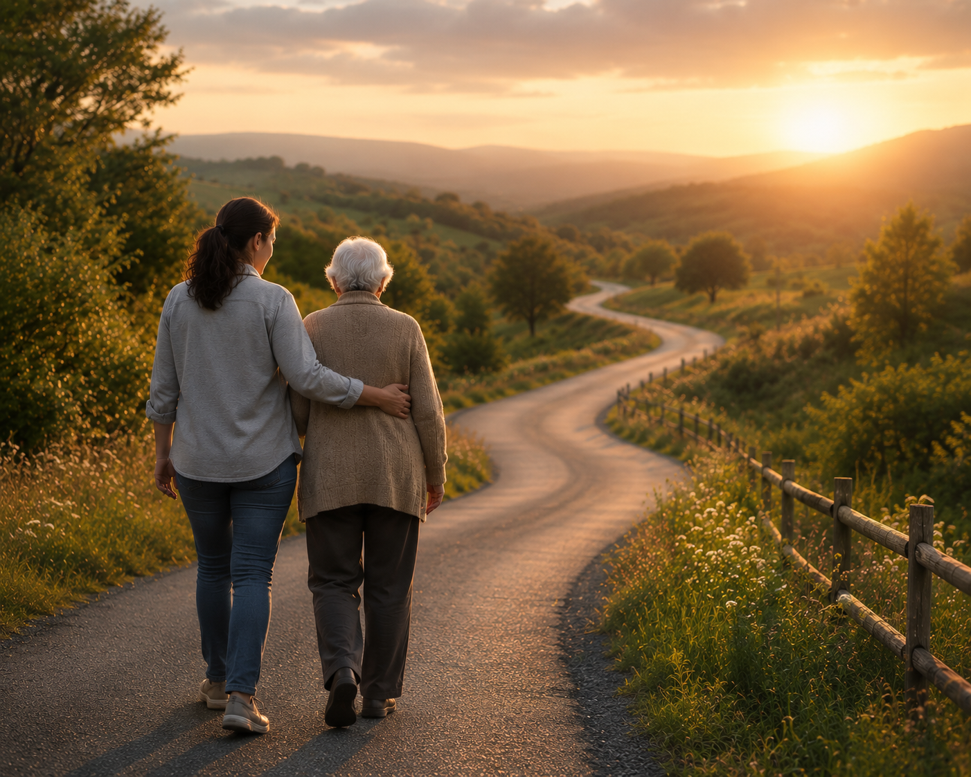 A caregiver walking arm-in-arm with an older loved one along a winding road at sunset