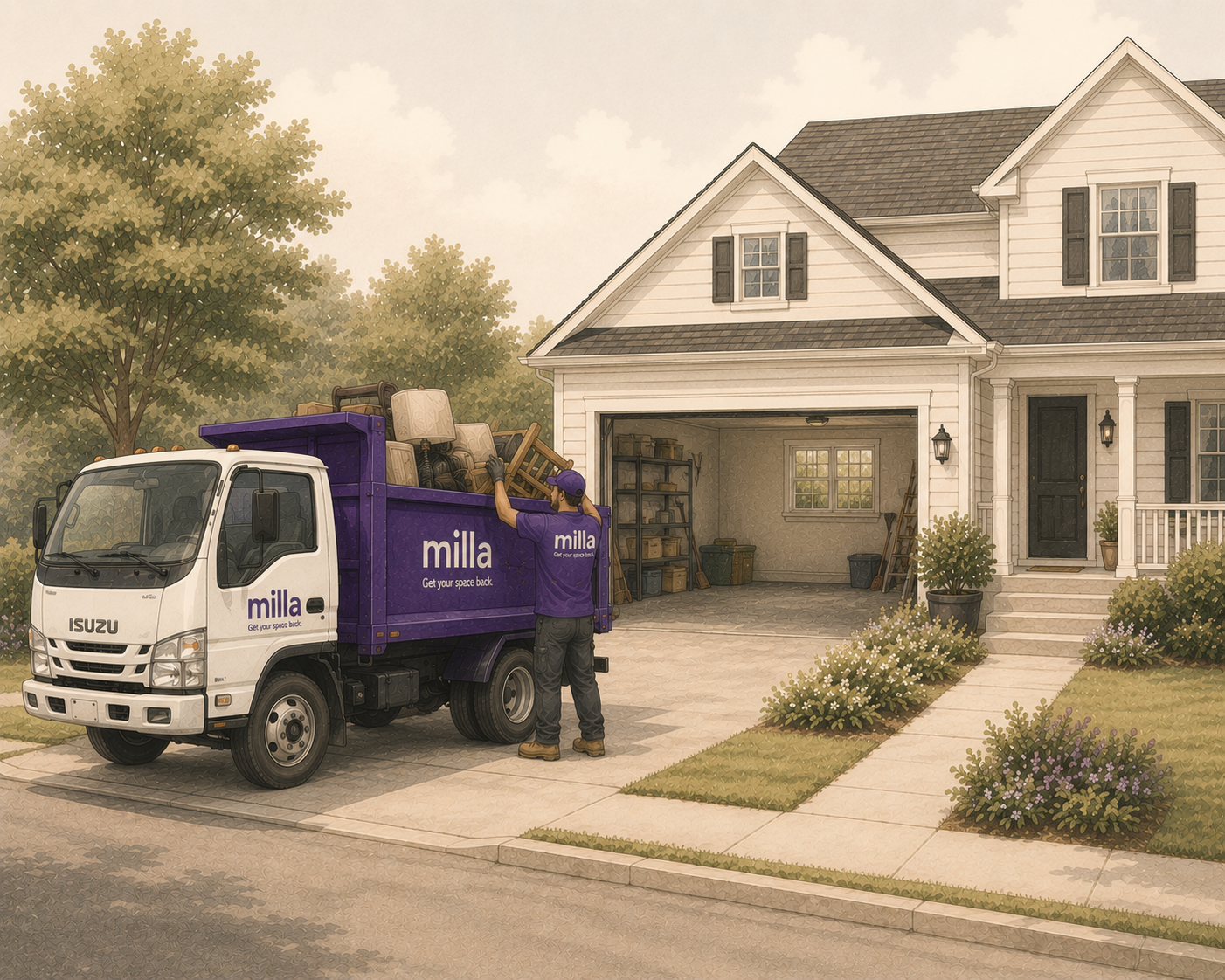 A milla crew clearing a home's garage at the curb