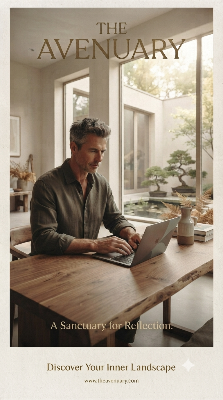 A man in a green linen shirt works at a live-edge wooden desk with a laptop, a small ceramic vase, and a shaded courtyard garden framed through the window.