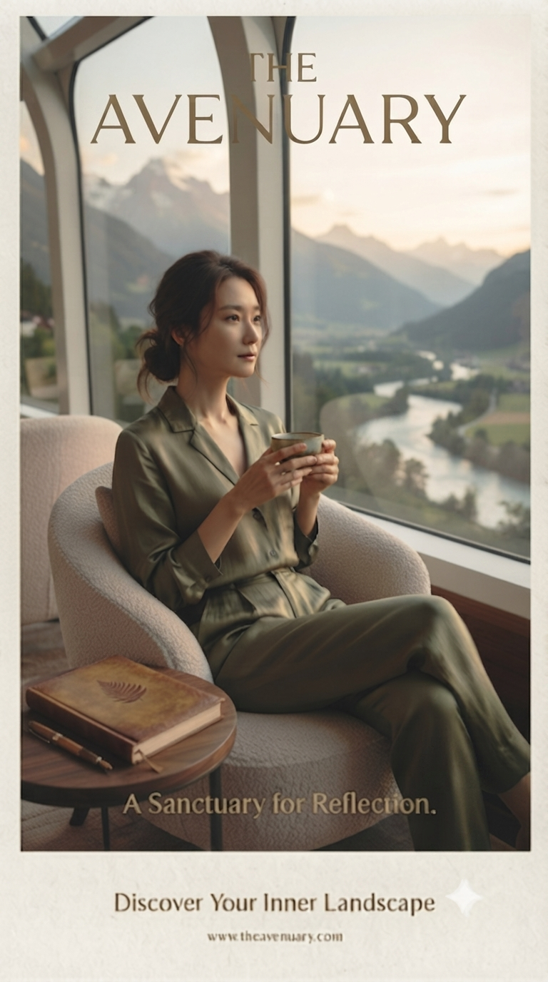 A woman in olive linen sits in a boucle chair with a warm cup of tea beside a leather journal, a wide mountain valley visible through the window.