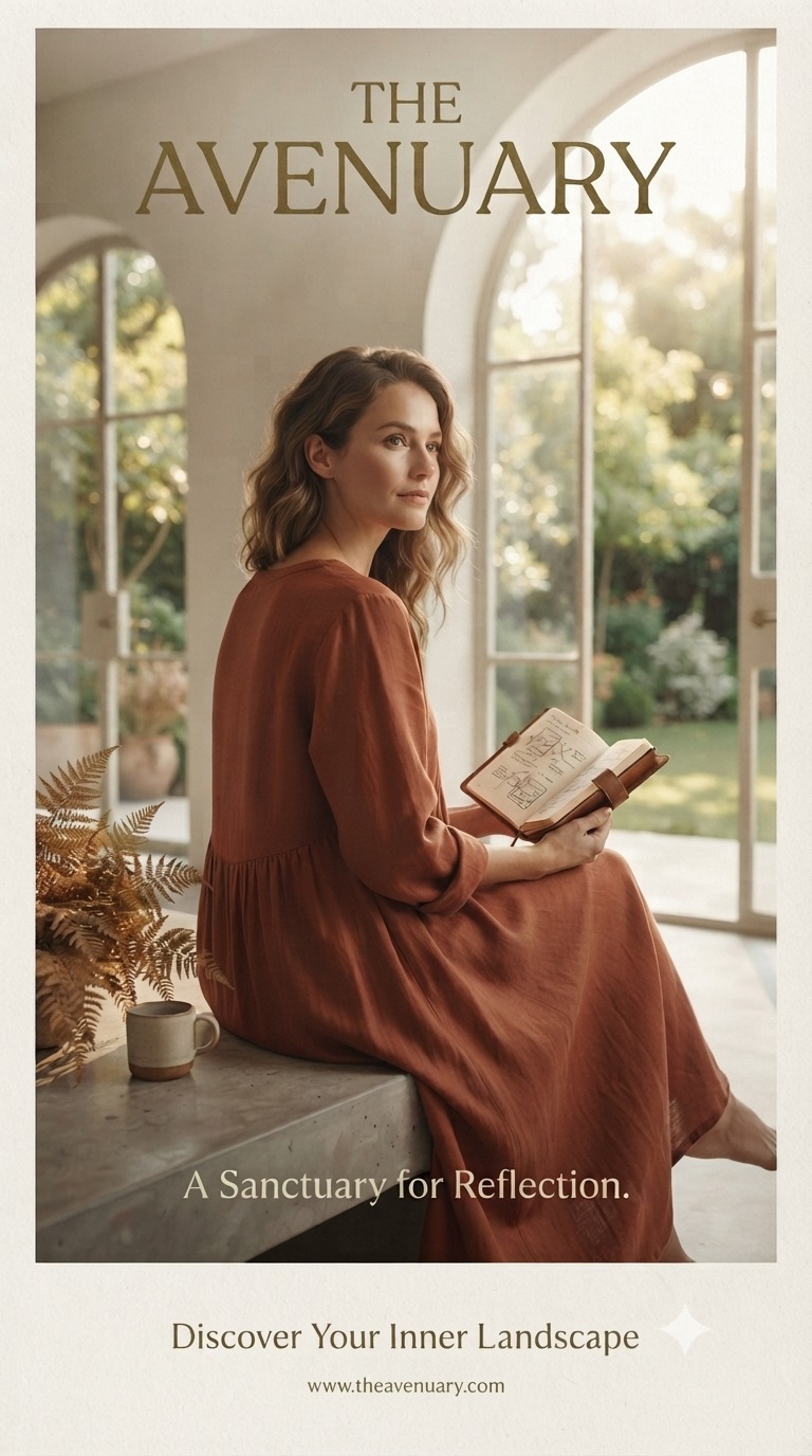A woman in a warm rust dress sits by an arched garden window, holding a small leather-bound journal. Morning light spills through the doors.