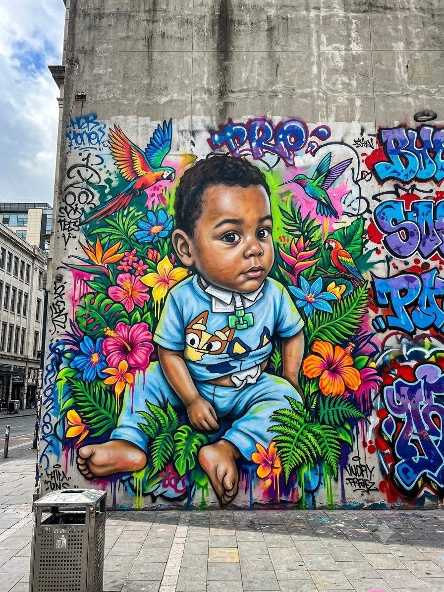Community mural of a little one blooming among flowers and birds