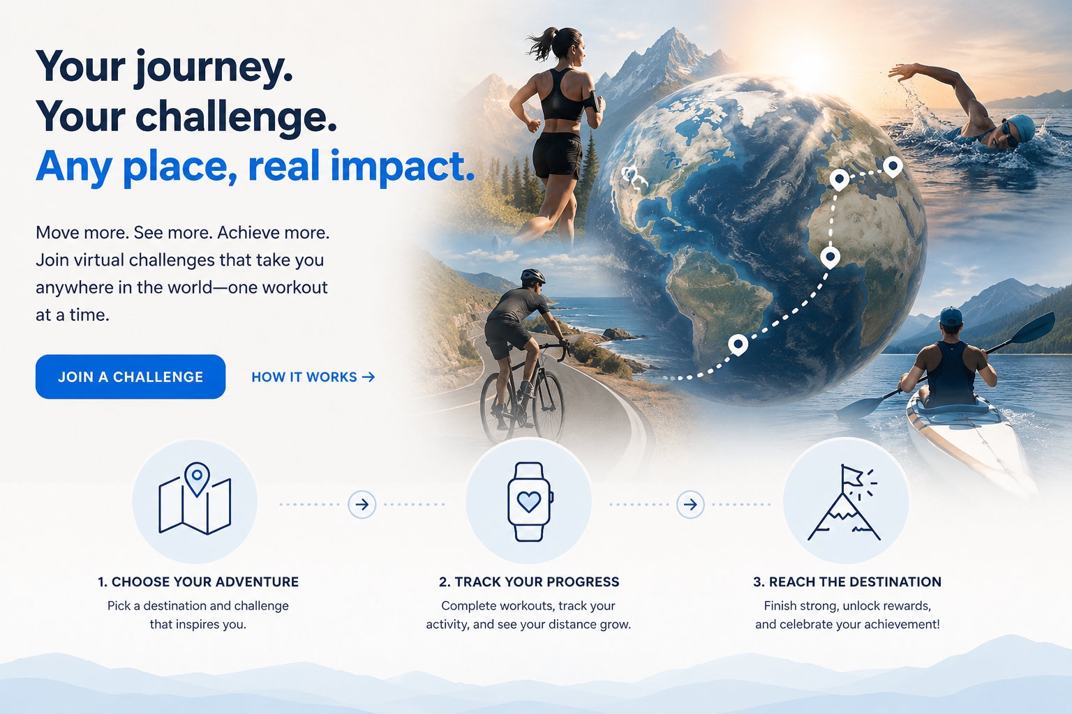 Your journey. Your challenge. Any place, real impact — runners, cyclists, swimmers and kayakers around the globe.