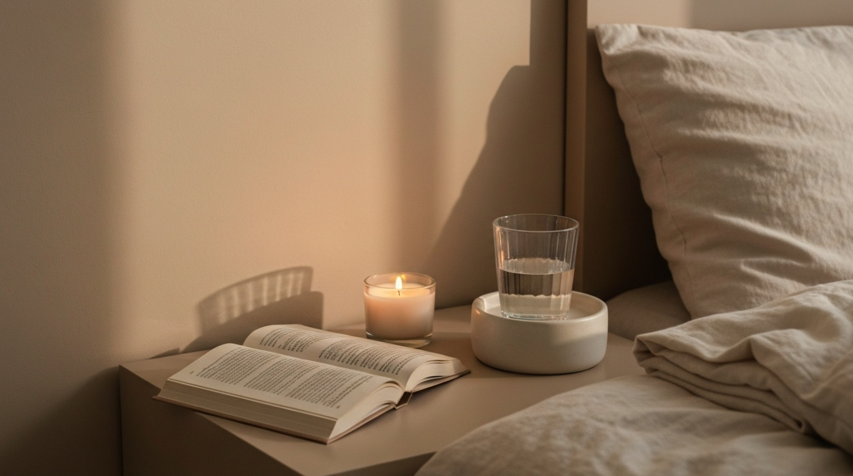 Warm bedroom nightstand with candle, book, water glass, and soft morning light