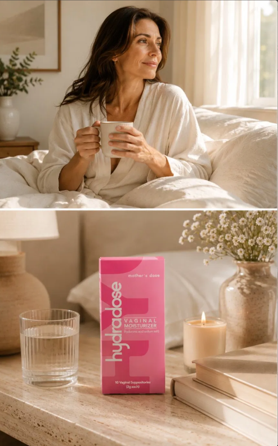 HydraDose box on nightstand with candle water glass and flowers
