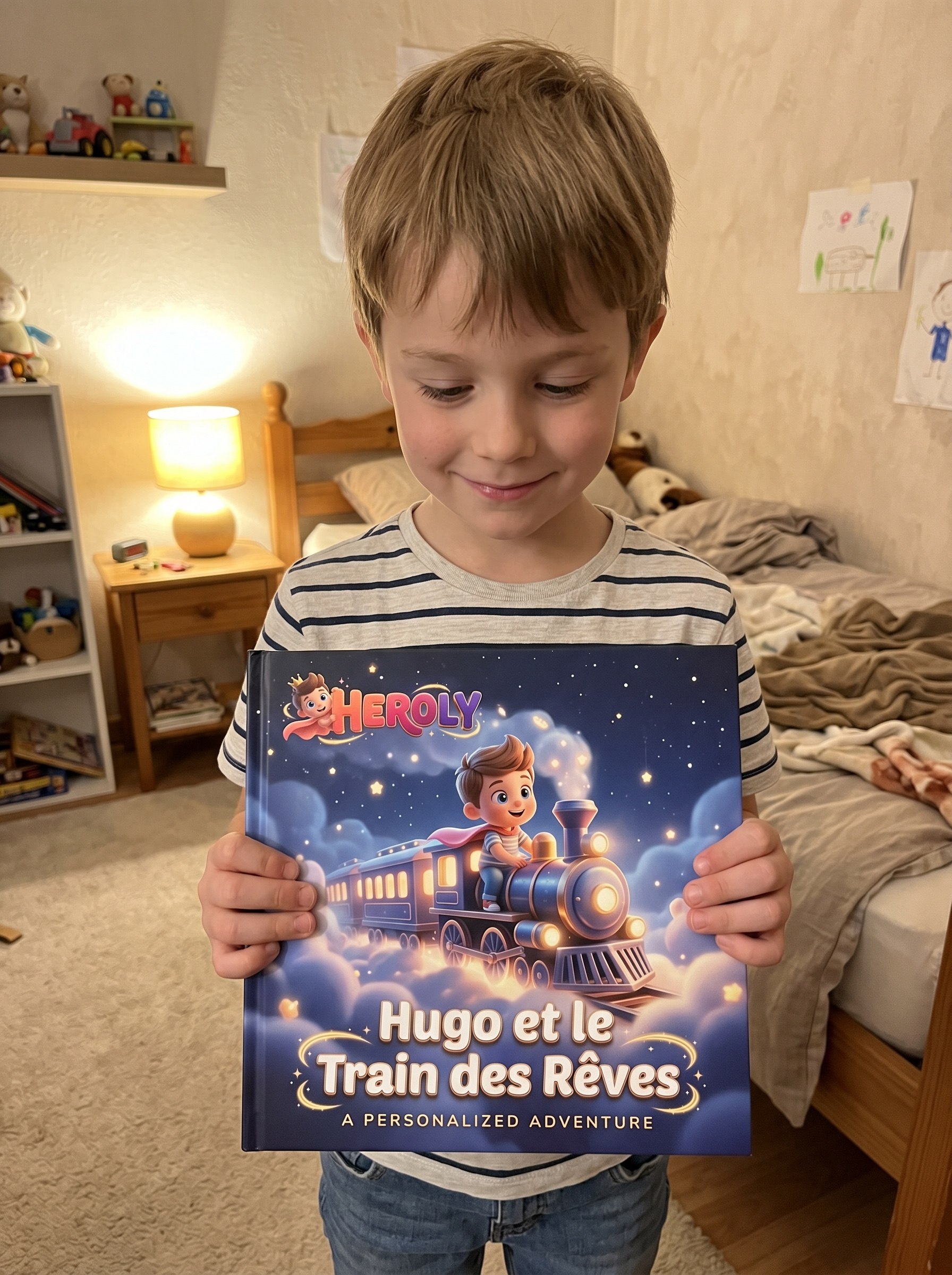 A boy in his bedroom holding the HEROLY book Hugo et le Train des Rêves