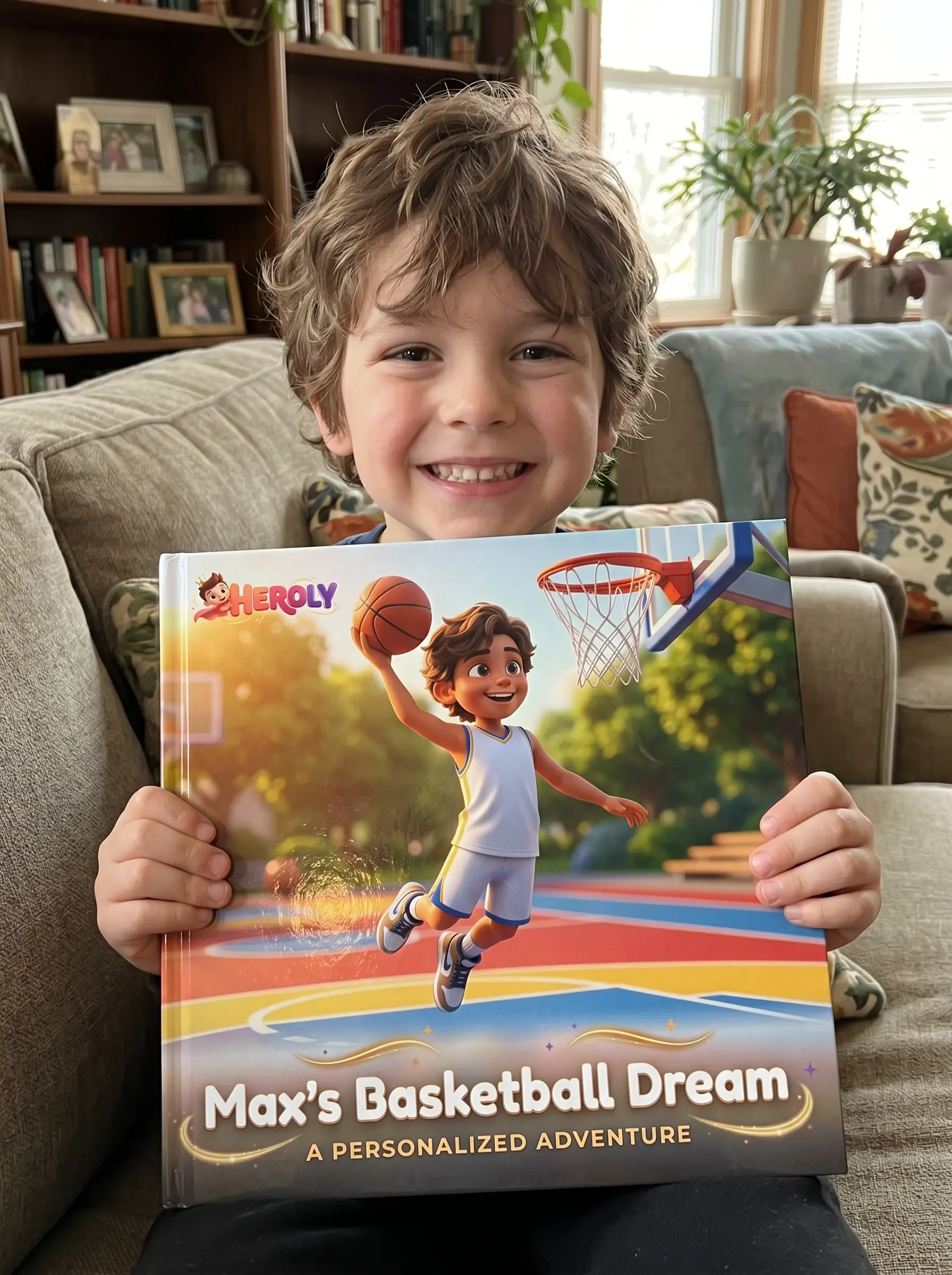 A smiling boy holding his personalized HEROLY book Max's Basketball Dream