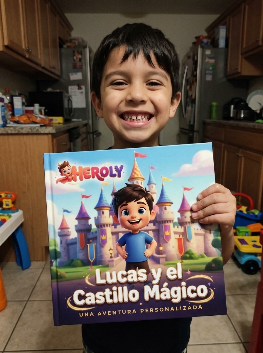 A boy in the kitchen smiling and holding his HEROLY book Lucas y el Castillo Mágico