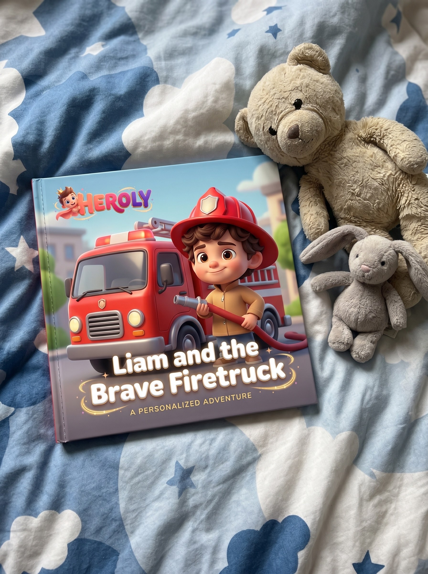 A hardcover HEROLY book Liam and the Brave Firetruck sitting on a starry-cloud bedsheet with two stuffed animals