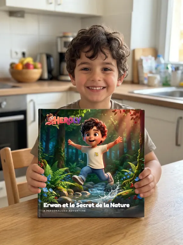 A boy in the kitchen holding his personalized HEROLY book Erwan et le Secret de la Nature