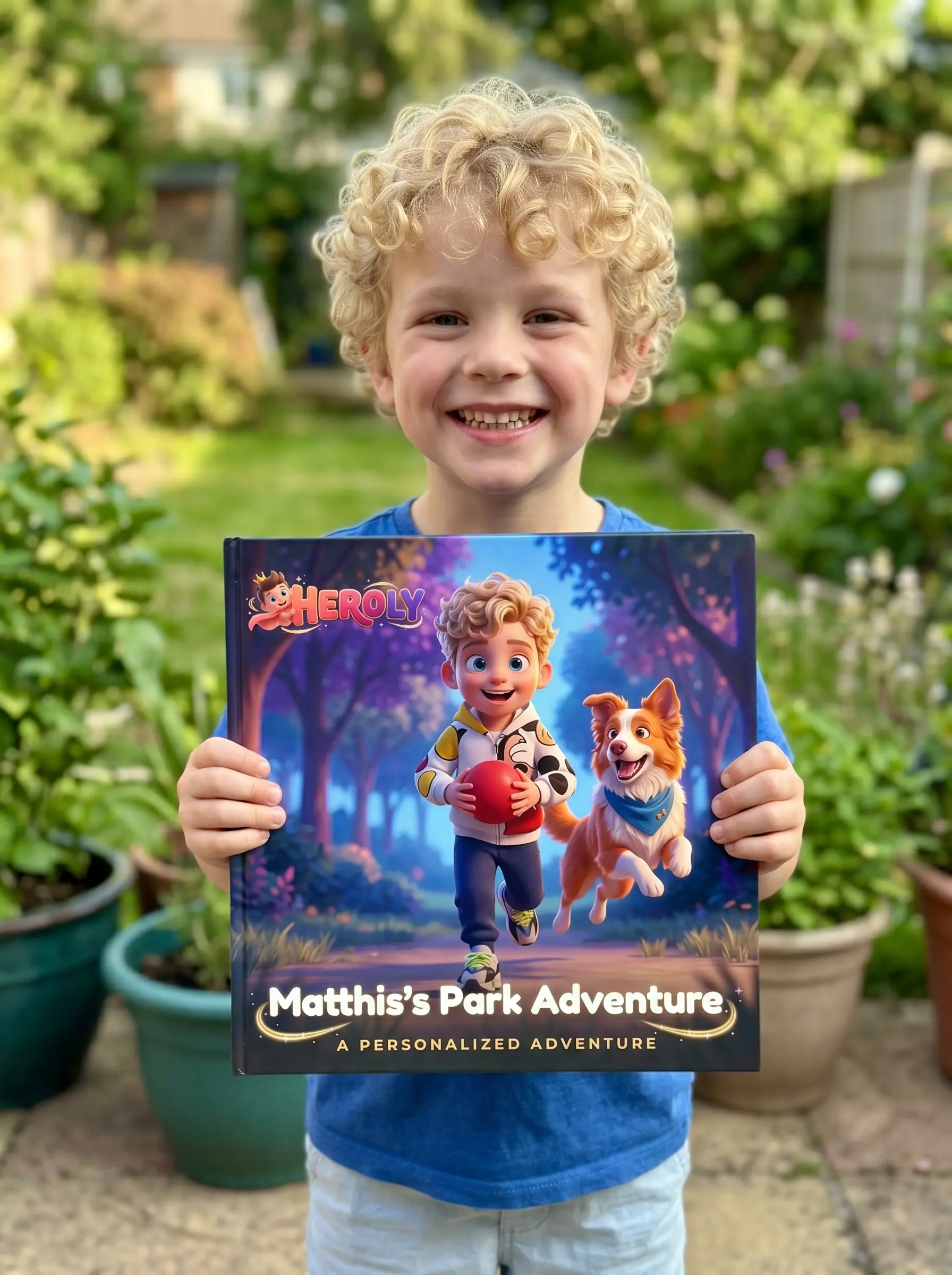 A curly-haired boy in the garden holding his personalized HEROLY book Matthis's Park Adventure
