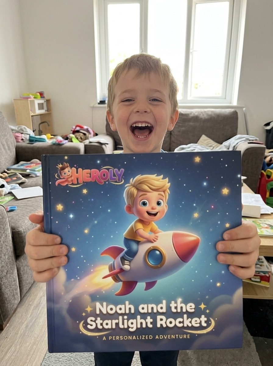 A laughing boy holding his personalized HEROLY book Noah and the Starlight Rocket