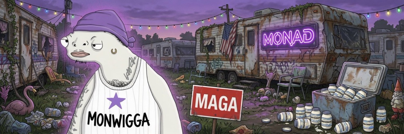 Monwigga in the trailer park · Monad neon · string lights at dusk
