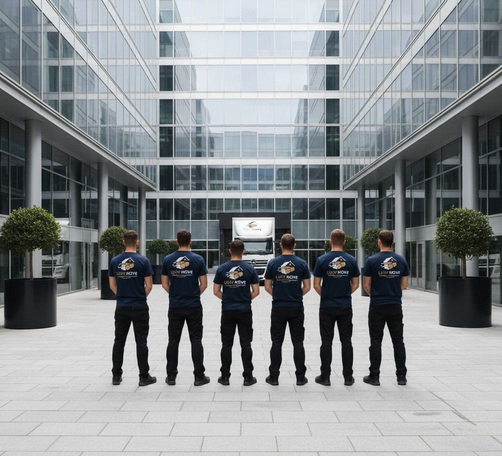 Déménagement entreprise — équipe Luxy Move en uniforme