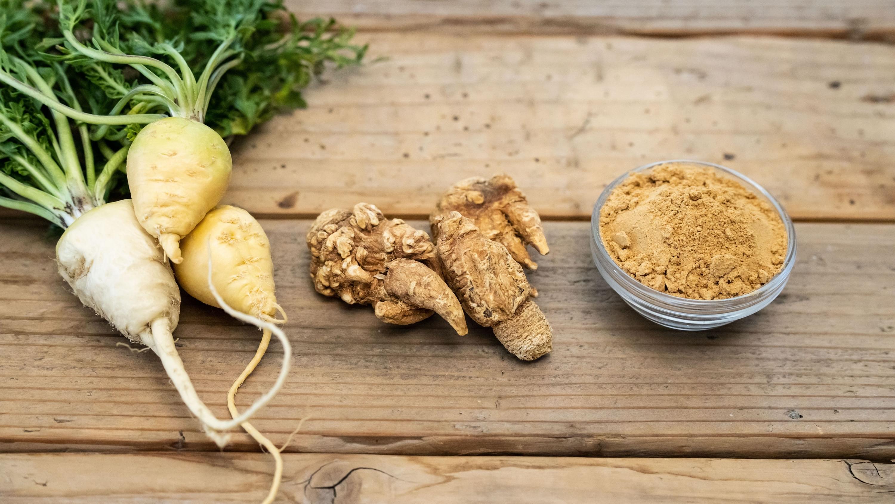 Fresh maca root, ginger and natural powder ingredients used in Patriot Slim Shot wellness formula