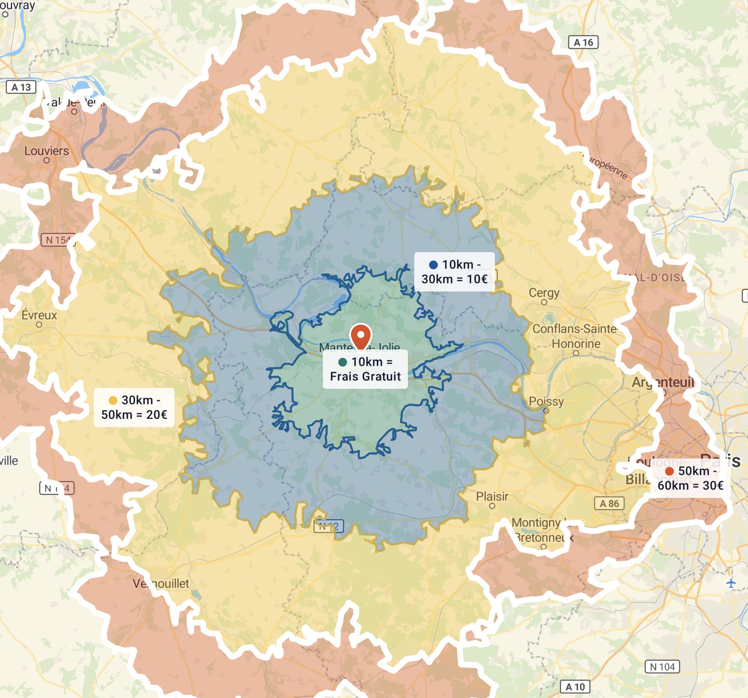 Carte des zones de déplacement autour de Mantes-la-Jolie