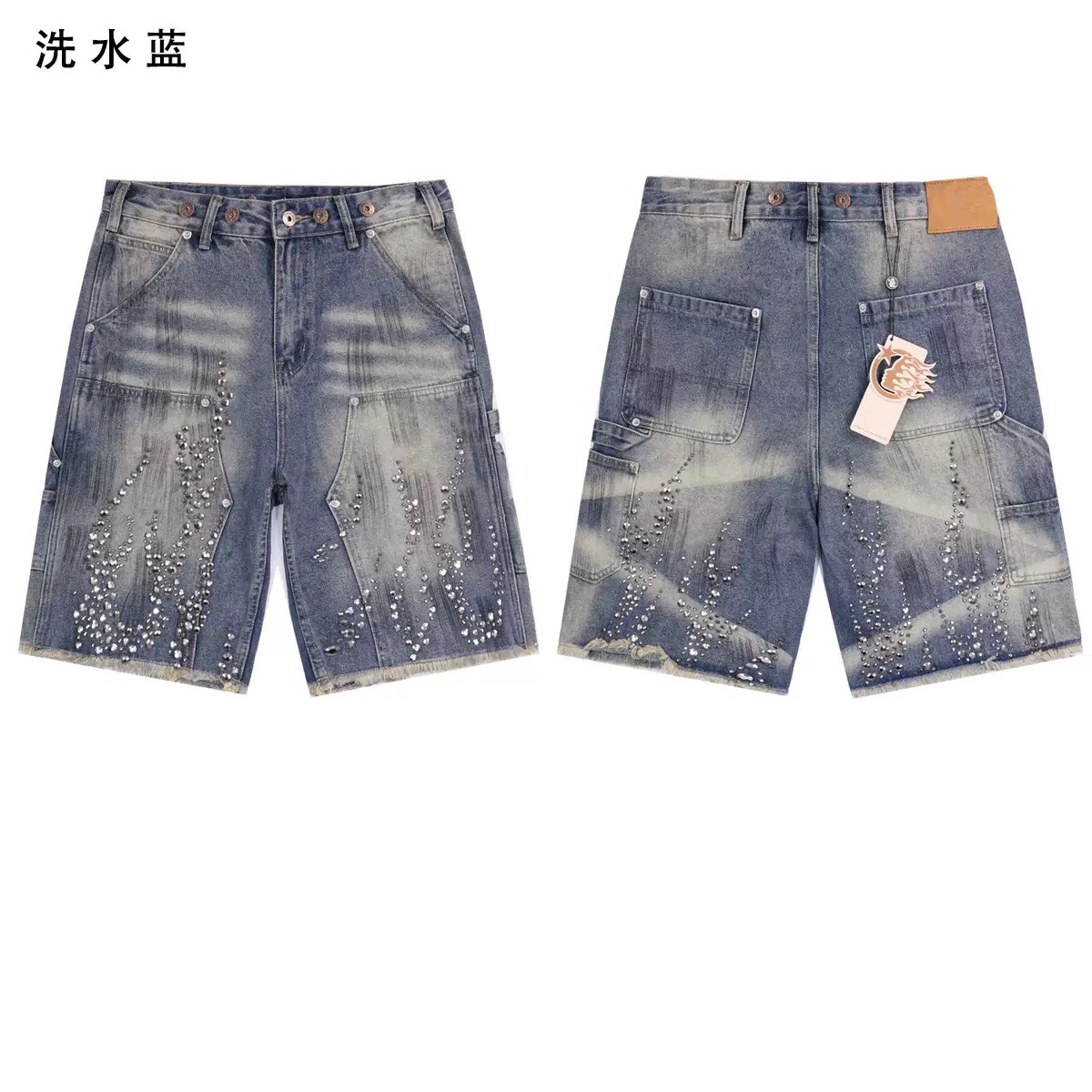 Short Denim Rhinestone Flame