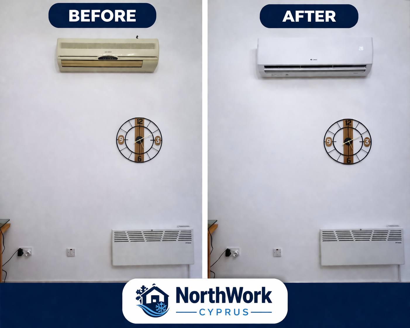 Before and after indoor unit replacement — GREE installation by NorthWork Cyprus