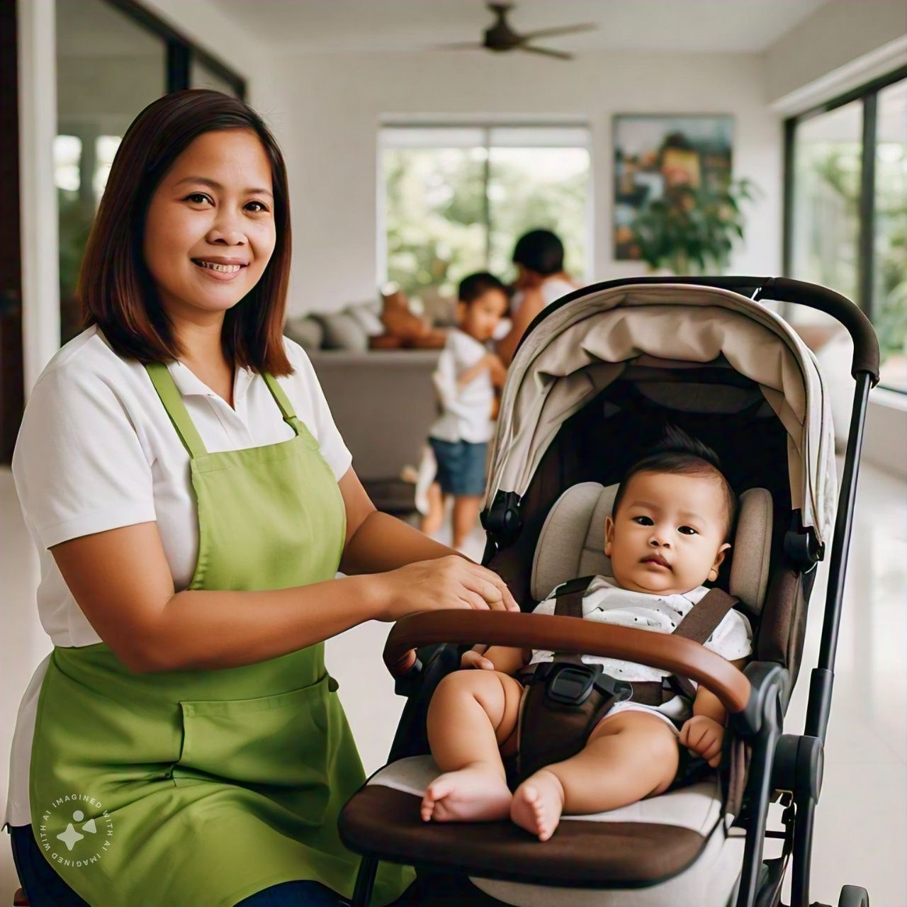 Happy Home helper with baby in a family home