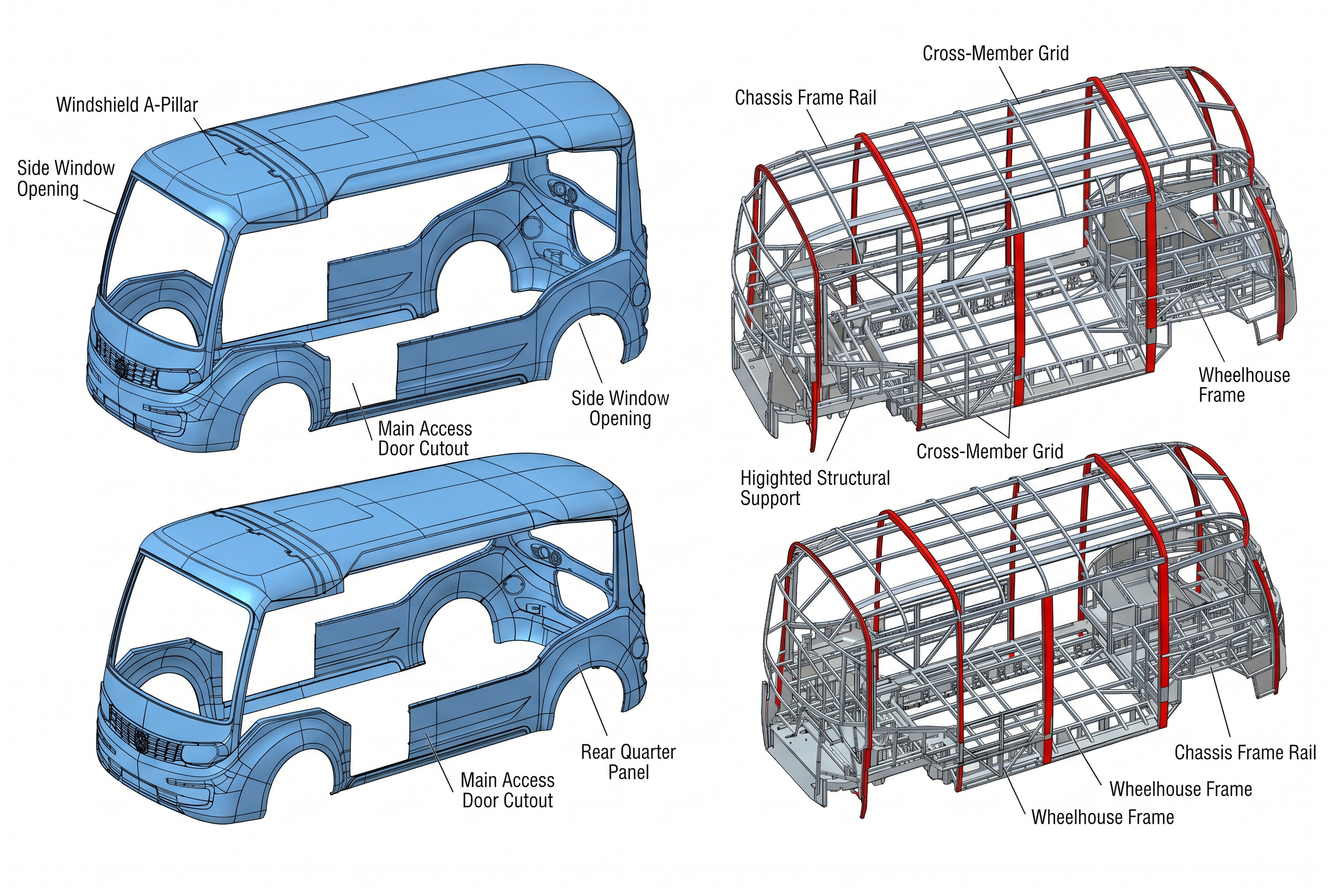 Nuora EV60 cab shells and chassis frame blueprint
