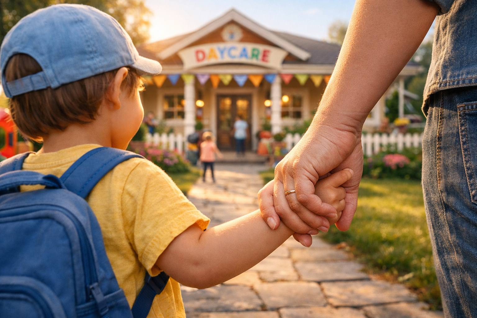 Child holding parent's hand walking to daycare