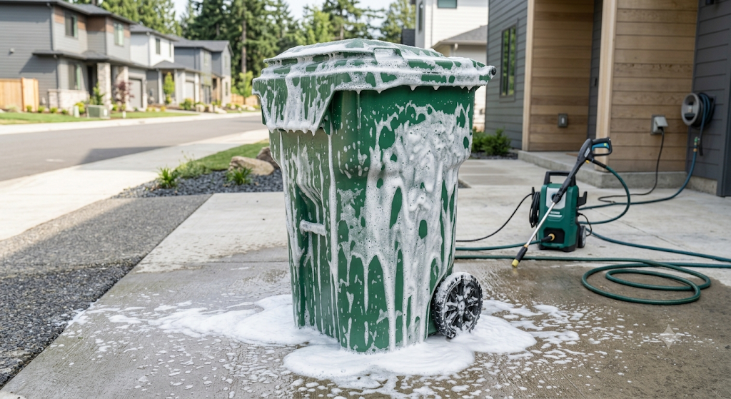 Freshly cleaned garbage bins on a driveway