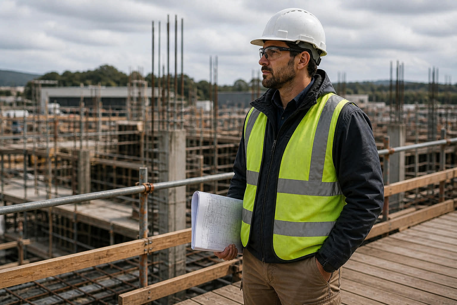 Site engineer reviewing structural plans on construction site