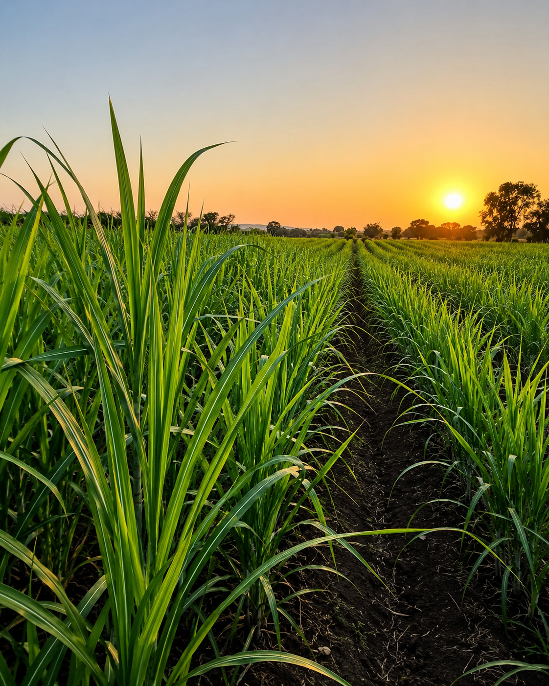 Indian sugarcane field at sunset