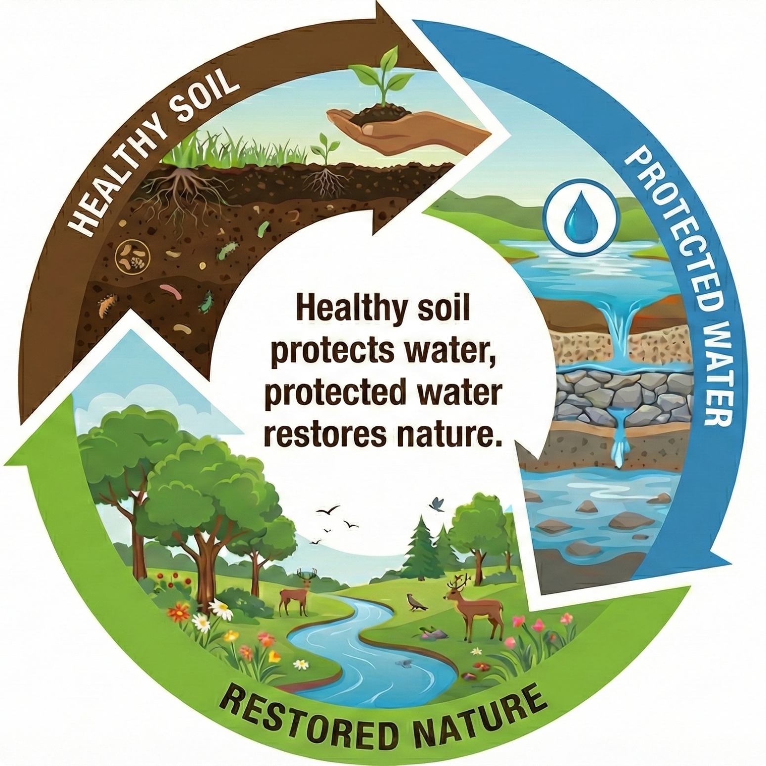 Healthy Soil protects water, protected water restores nature - The cycle of sustainable farming