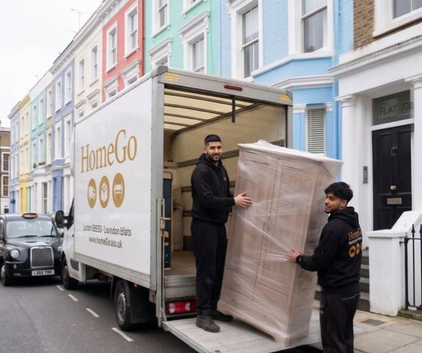 HomeGo Removals crew loading a wrapped wardrobe on a colourful London terraced street