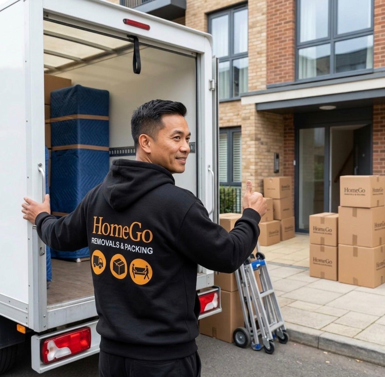 HomeGo Removals crew carrying furniture at a central London property