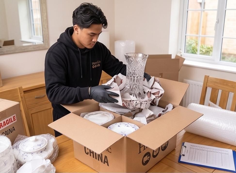 HomeGo Removals professional packer wrapping fragile items for a Chelsea move