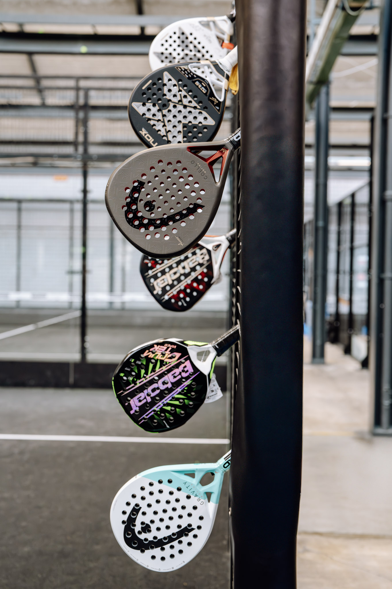 Padel rackets display on-court at Padelarena