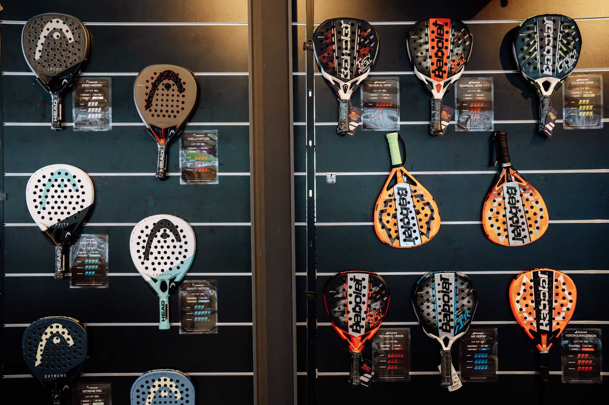 Padel rackets wall at Padelarena Pro Shop