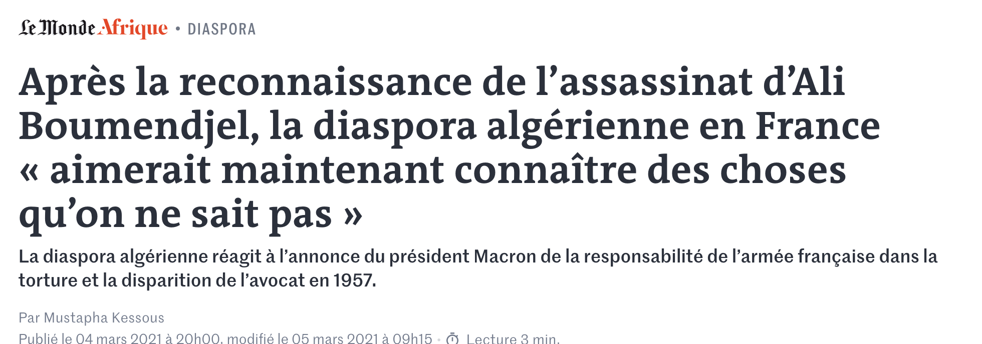 Après la reconnaissance de l'assassinat d'Ali Boumendjel, la diaspora algérienne en France « aimerait maintenant connaître des choses qu'on ne sait pas »