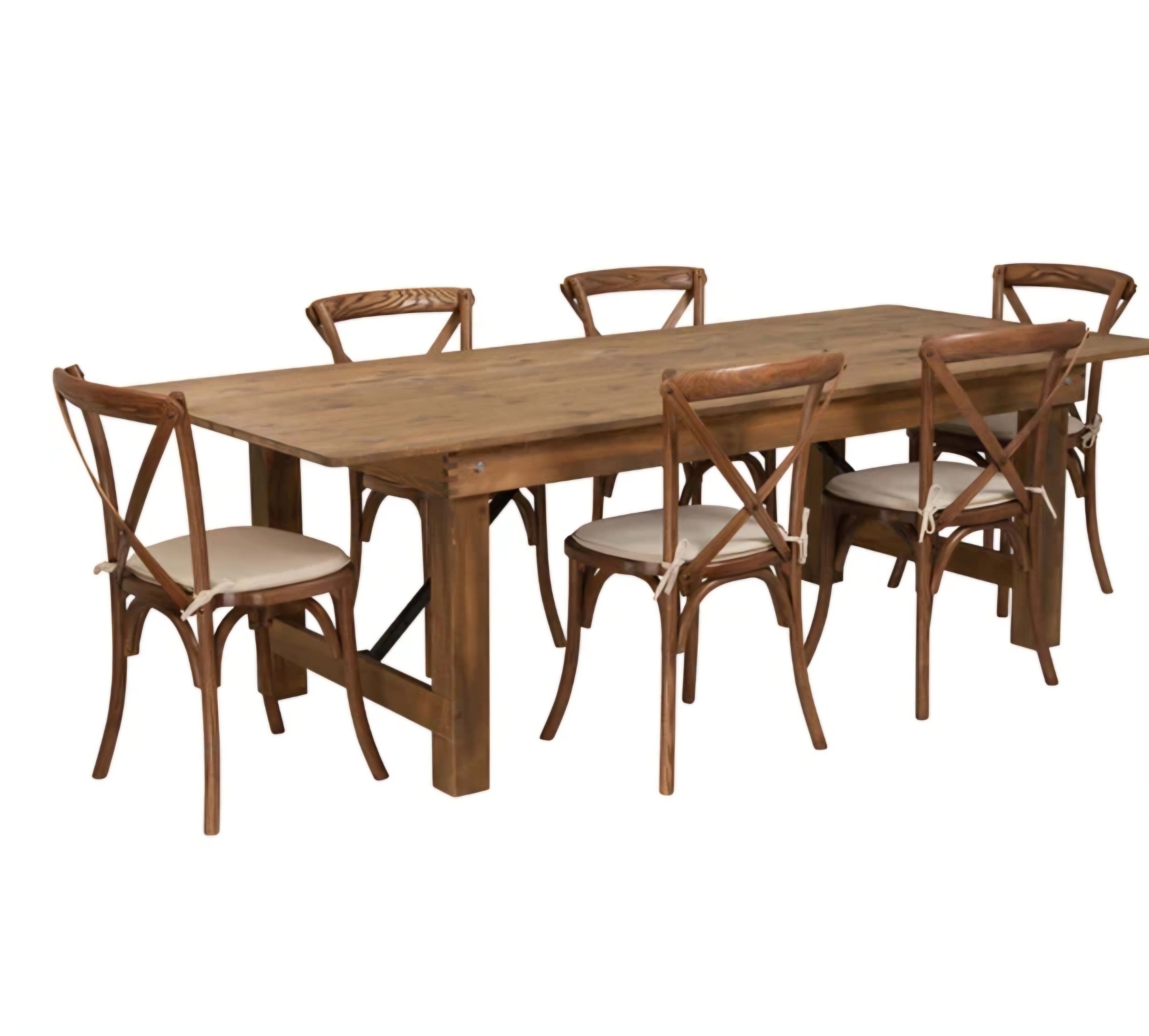 Farm Wood Table & Chairs Set rental - Complete rustic farm wood table set includes: 1 table + 8 cross-back chairs (no cushions) - Perfect for rustic weddings and events | Thomas Party & Decor Havertown PA