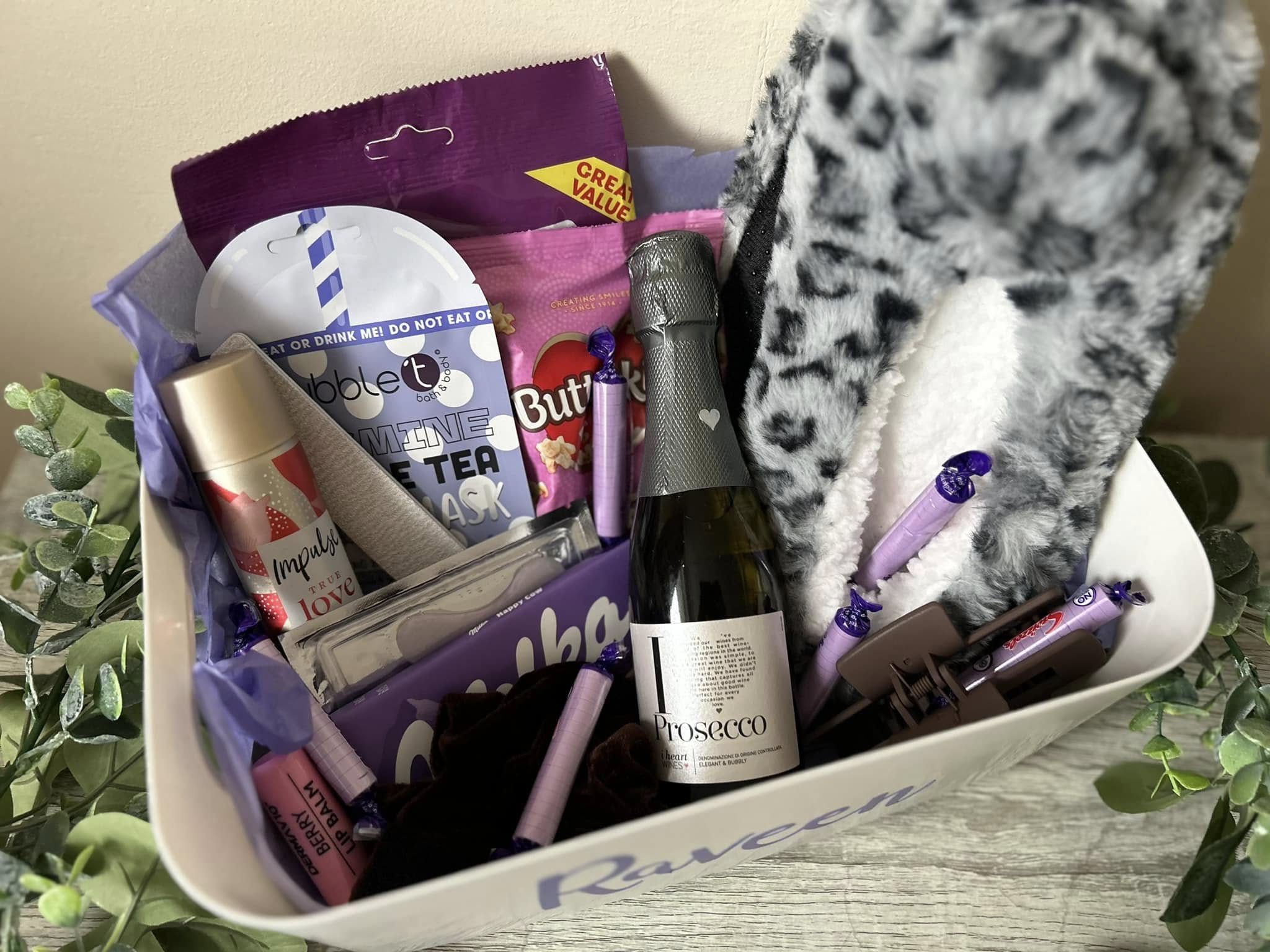 Personalised purple gift hamper for Raveen