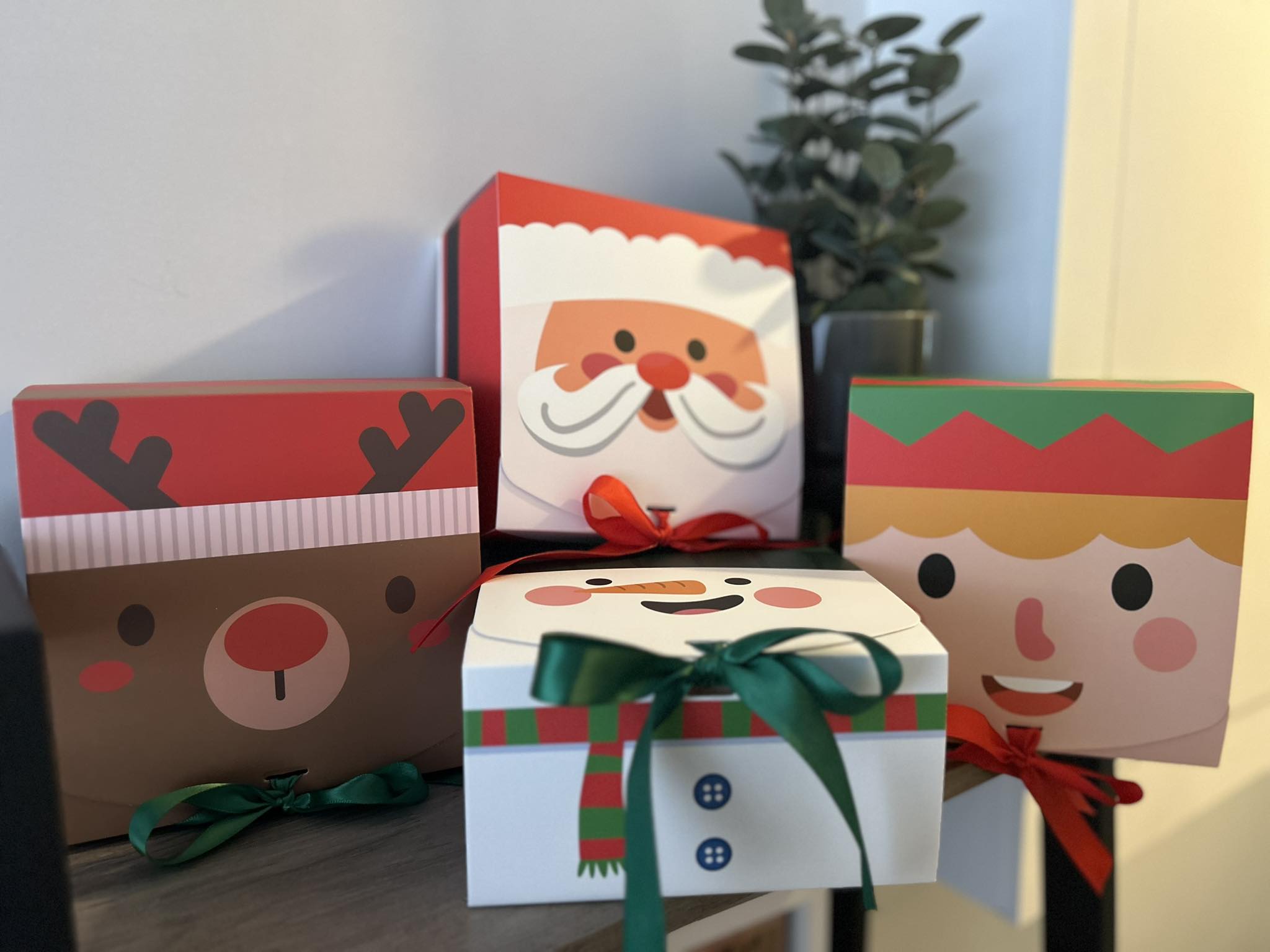 Festive Christmas character gift boxes — Santa, Snowman, Reindeer, Elf