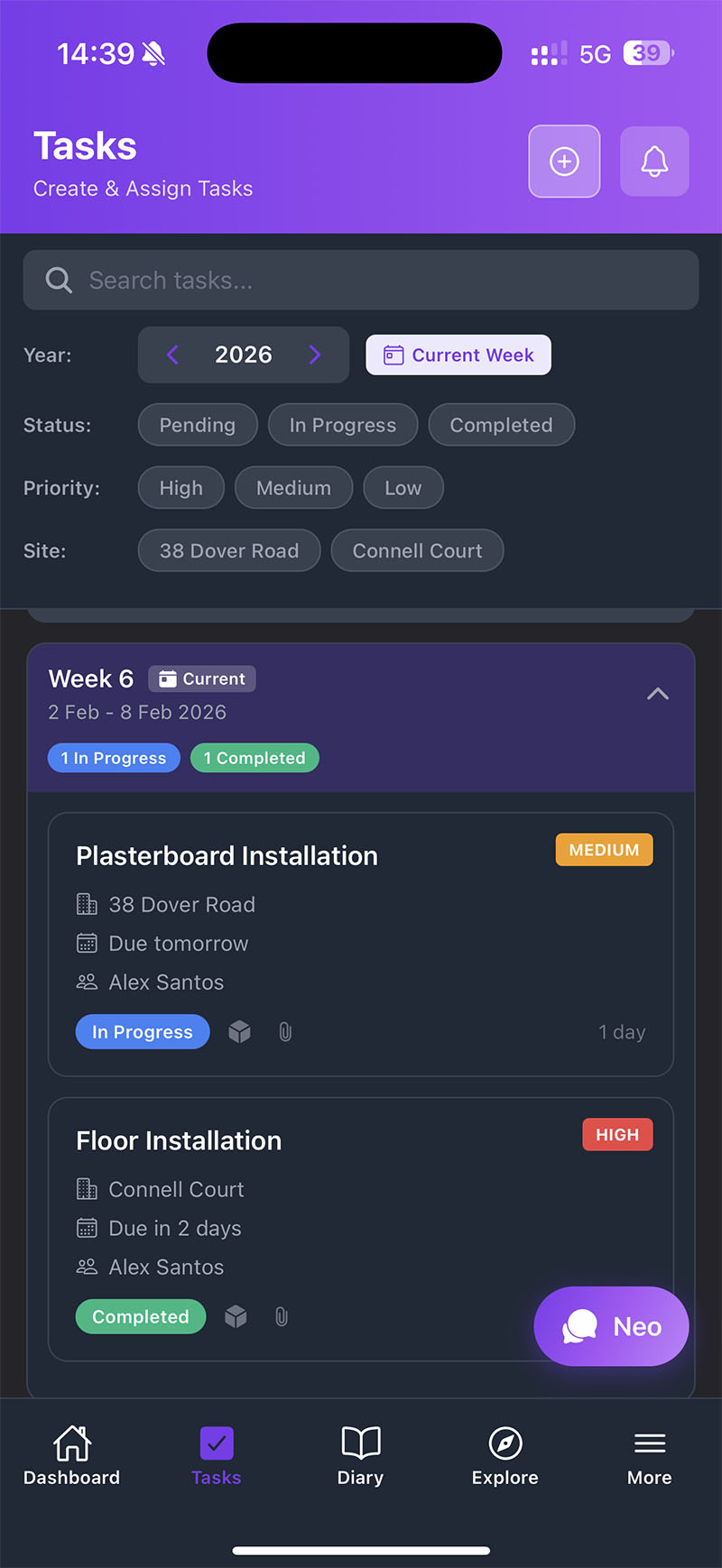 SiteOrbit Tasks - Weekly task view with filters and progress tracking