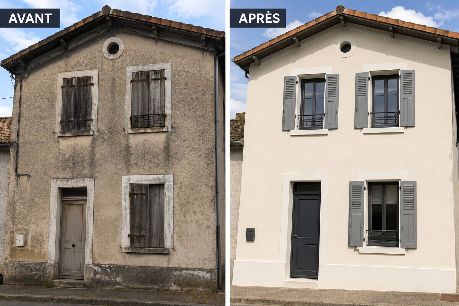 Ravalement de façade — enduit fin & volets restaurés